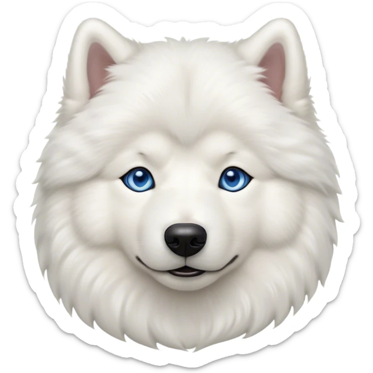 Cinematic Noble Samoyed Portrait Emoji, Poised and regal, with a majestic, sturdy build and a luxuriously fluffy pure white Fur, deep-set soulful blue eyes, Simplified yet sharp and sophisticated features, highly detailed, glowing with a soft, dignified glow, high shine, intelligent and gentle, stylized with an air of elegance, focused and attentive, soft glowing outline, capturing the essence of a watchful and confident companion, so majestic it feels as though it could bound out of the screen with effortless authority! sticker