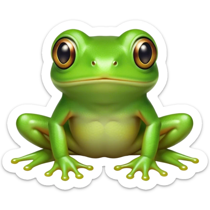 Cinematic Cute Green Tree Frog Portrait Emoji, Head tilted playfully and inquisitively, featuring a charmingly compact form with vivid green, slightly textured skin, prominent sticky toe pads, and round, sparkling eyes full of playful wonder, Simplified yet irresistibly adorable features, highly detailed, glowing with a warm, inviting jungle glow, high shine, affectionate and lively, stylized with a touch of tropical whimsy, soft glowing outline, capturing the essence of a mischievous yet loving frog that seems as if it could hop out of the screen into your arms! sticker