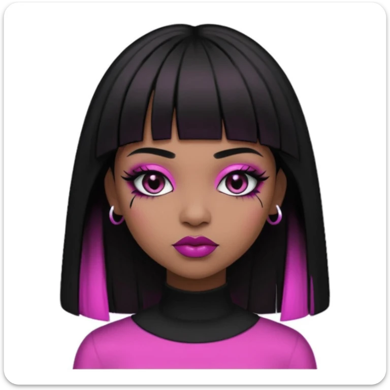 brown skin, straight hair with the ends curved upwards, bangs above the eyebrow, dark brown eyes, girl, half gothic and pink style   sticker