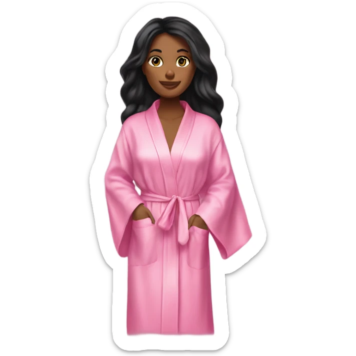 Tanned woman with long black hair wearing a silk pink Victoria’s Secret robe sticker