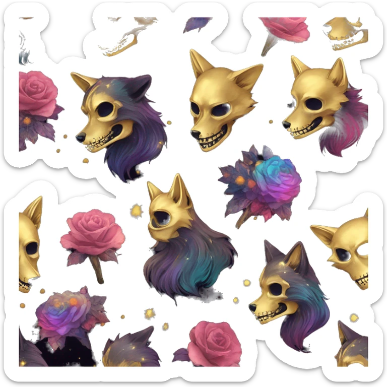 Black iridescent fluffy dog fox head zombie skull skeleton gold mechanical nebula galaxy stars colorful flowers fairy lights vintage sticker