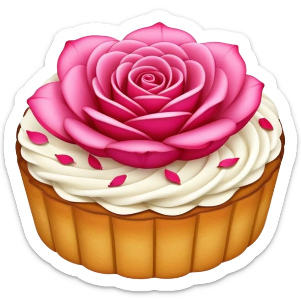Yunnan Rose Cake with visible flower petals in pastry, simplified emoji style with bold outlines and bright colors, cartoon style floral sweet snack sticker