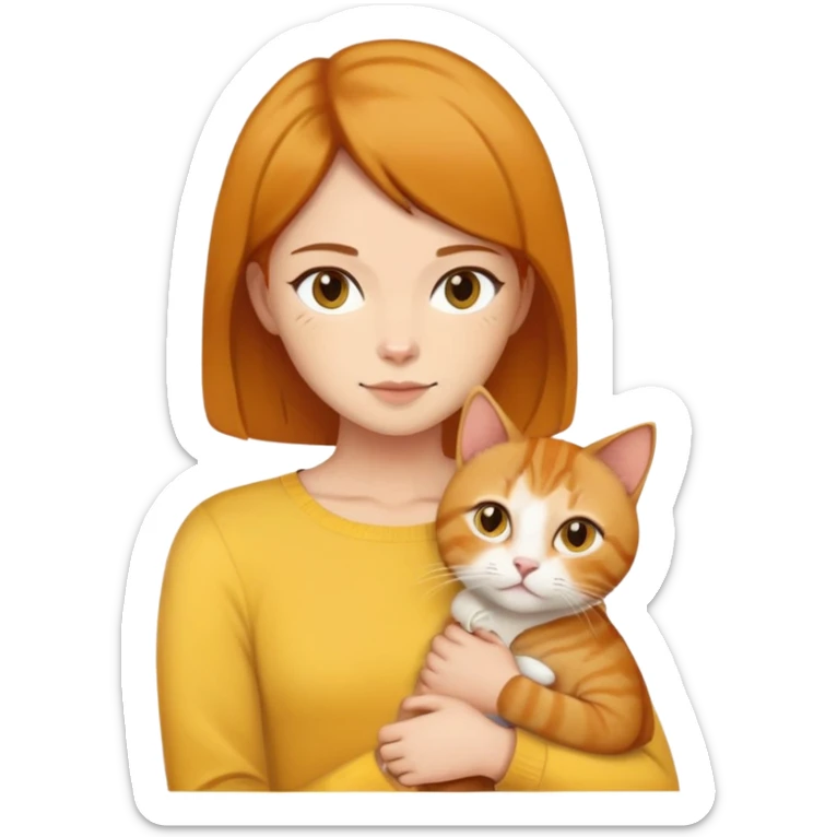 Straight short hair ear length in dark brown , skin tone honey . holding one ginger cat and one yellow white cat same size  sticker