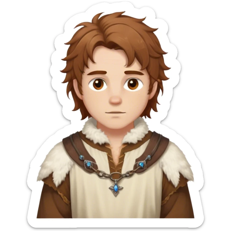 medieval spring outfit worn by a DnD themed fantasy male character. cotton tunic with sleeves rolled to the elbow, featuring a light fur-lined collar for chilly mornings. clothes only above the waist. The clothes full waist. The character's haven't arms. character is white-skinned, chestnut brown hair, amber eyes, shoulder-length messy hair. sticker