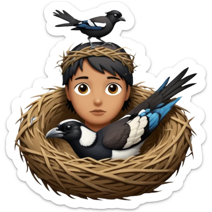 An Australian Magpie, birds nest that is located at the top of a man's head. sticker