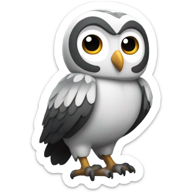 An owl in black, gray, and white colors. Black head, gray back and wings, and white chest. Full-body. sticker
