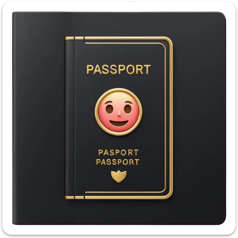 Minimal emoji icon of a black passport, matte cover, simple gold emblem, clean lighting sticker