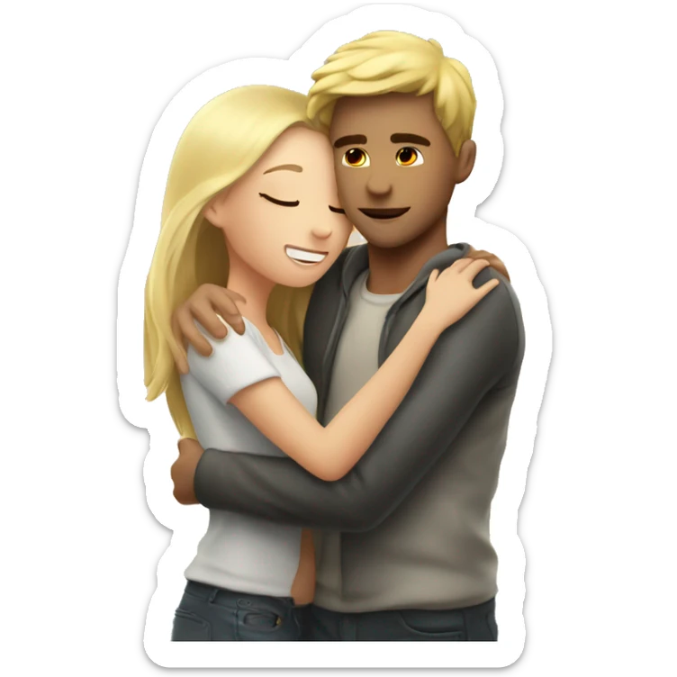A blond guy hugs a brunette girl at the sea kiss sticker