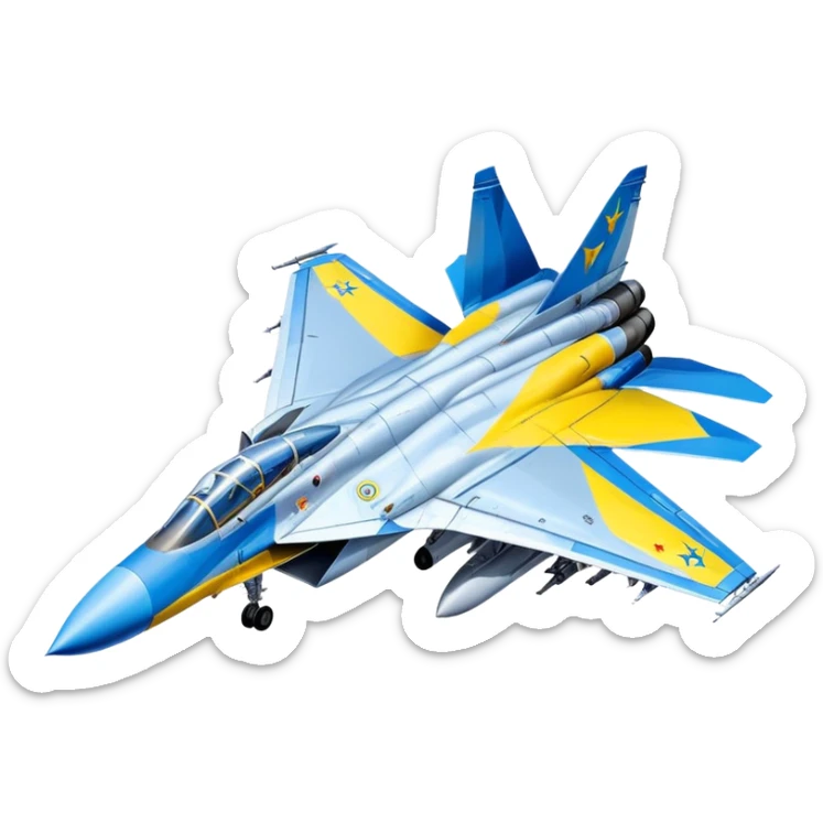 MiG-29 fighter jet with Ukrainian blue and yellow markings, military aircraft sticker