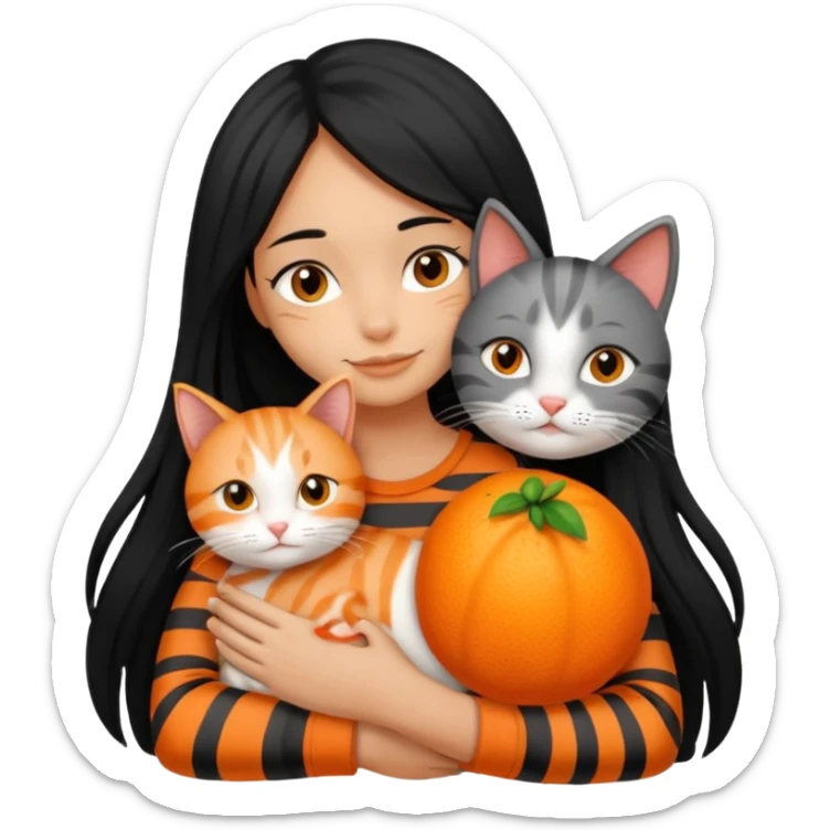 A clean girl with black long hair hugging an orange and a gray cat, both with stripes  sticker