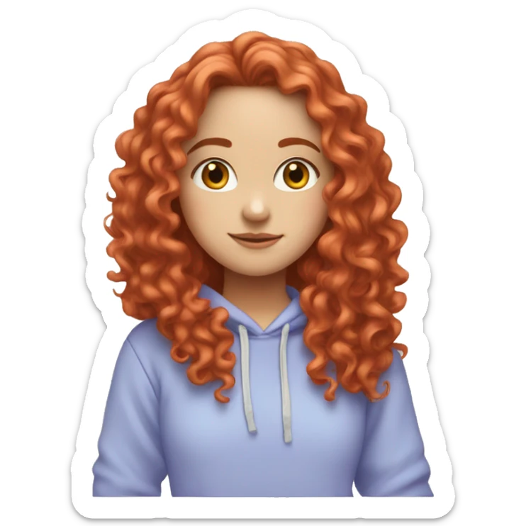 a white girl with long red curly hair, wearing a pastel periwinkle hoodie doing a pose sticker