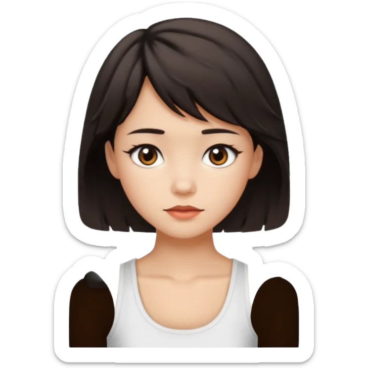 A pretty girl with dark brown eyes and short wavy dark hair with short side bangs and a neutral expression, with chinita skin and a white tank top(not sleeveless)emoji sticker