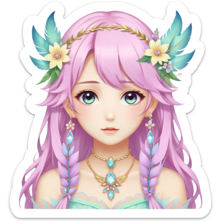 Beautiful gorgeous anime lady with beautiful pastel-special-hair, fashion aesthetic, ethereal, fairycore, pastelcore, feather, flower, crystals, accessories, jewelries, gold, colorful, laurel sticker