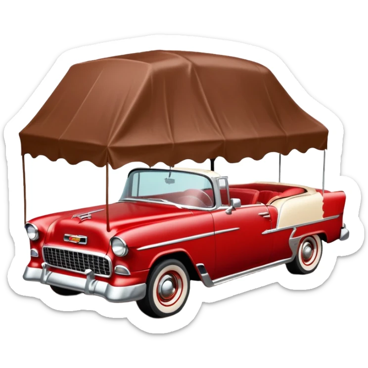 1955 Chevrolet Bel Air Convertible (Red-White color). The doors, bumper, hood and wheels are covered in sticky brown mud, which is clearly visible. Brown liquid mud is pouring out of the bucket from above. Aspect ratio: 1:1 sticker