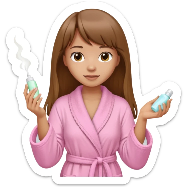a girl with light skin and medium brown long hair with bangs who is applying lotion to her body show her whole body in a light pink bathrobe  sticker