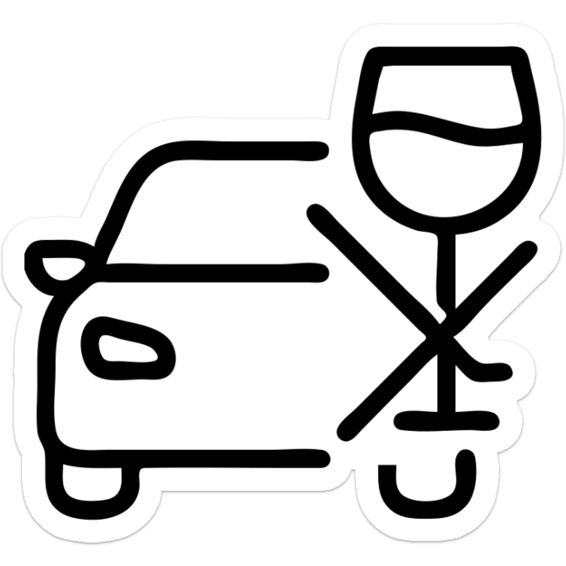 outlined icon of a car with a crossed-out wine glass, symbolizing no drunk driving sticker