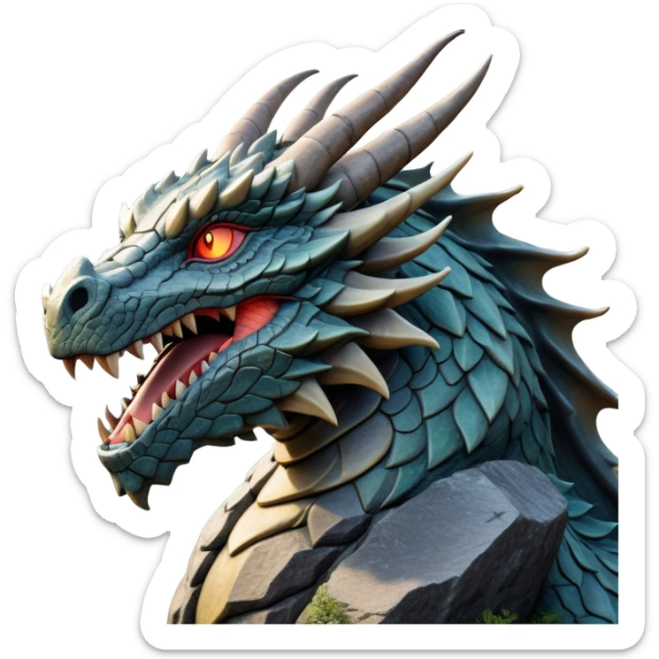 Cinematic Noble Giant Rock Dragon Portrait Emoji, Poised and awe-inspiring, with a massive, rugged form carved from ancient stone, featuring intricately textured scales that resemble weathered granite and basalt, and piercing, stony eyes echoing the strength of timeless mountains; rendered with lifelike detail and earthy natural highlights, high shine, formidable and grounded, styled with an aura of primordial majesty, focused and resolute, soft glowing outline, capturing the essence of an enduring rock titan ready to surge from the screen with ageless power! sticker