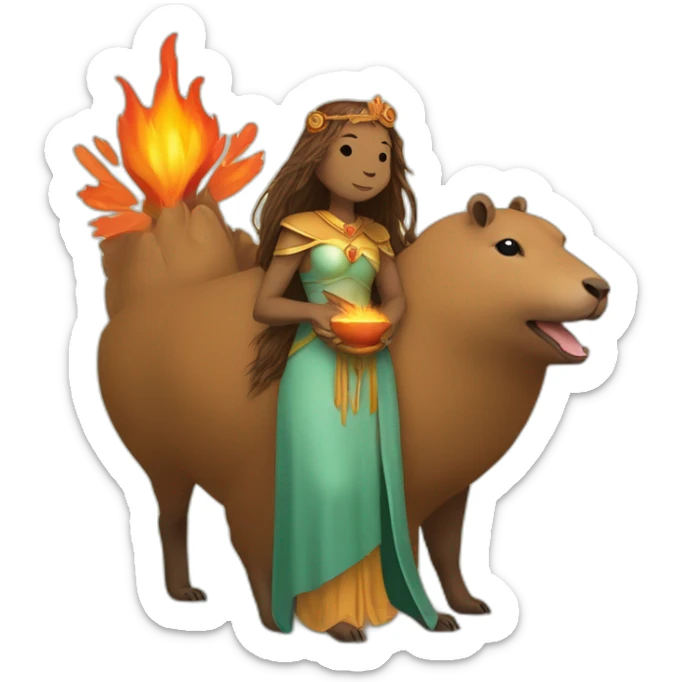 the goddess of the hearth and comfort holds a capybara, which has fire in its paws sticker