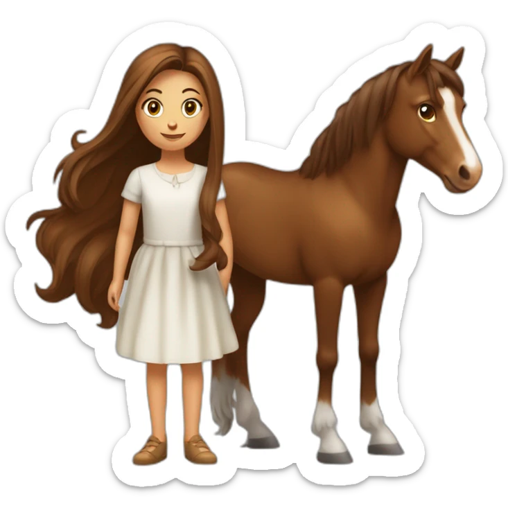Un cheval marron avec une fille à côté qui a les cheveux brun et assez long  sticker