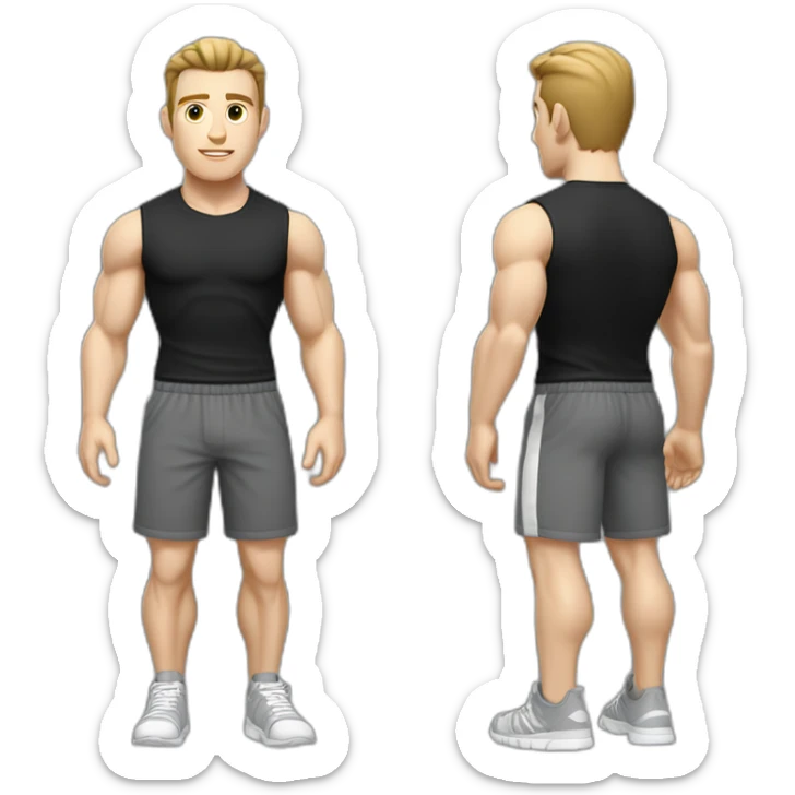 Pale skinned Fit Man With the biceps and dark brown hair in black shirt, gray sports shorts and white Sneakers sticker