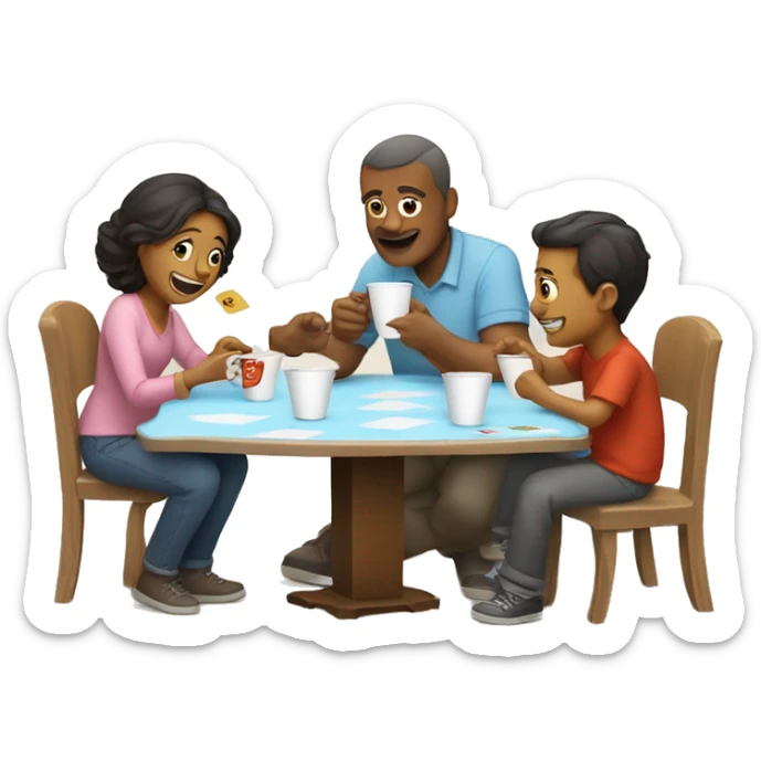 An emoji of a family—mother, father, and child—sitting at a table, playing a cup game with paper cups arranged on the table as they have fun together sticker