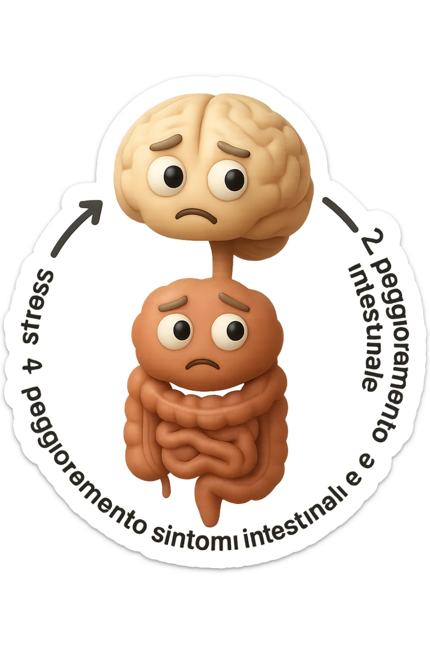 EMOJI STILE IPHONE 3D DI un cerchio con queste scritte che girano intorno in ordine per come li ho scritti "1. stress → 2. peggioramento intestinale → 3. aumento infiammazione → 4. peggioramento sintomi intestinali e sistemici." al centro del cerchio metti un cervello e intestino umani collegati verticalmente con espressione dubbiosa in volto, FALLO MOLTO REALISTICO IN 3D sticker