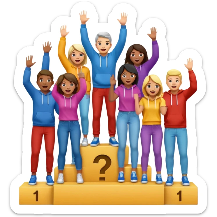 multi-racial people in colorful jeans t-shirts and hoodies on a winners’ podium with middle step higher, no numbers, excited fun expressive emoji style sticker