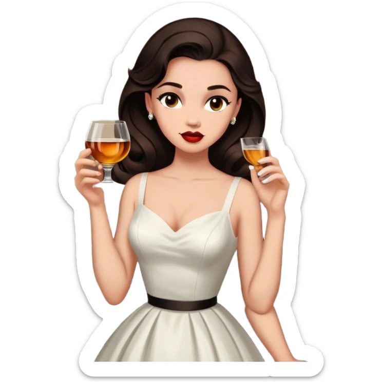 Beautiful woman in 1950’s woman fashion look, white dress, long dark brown hair, whisky sticker