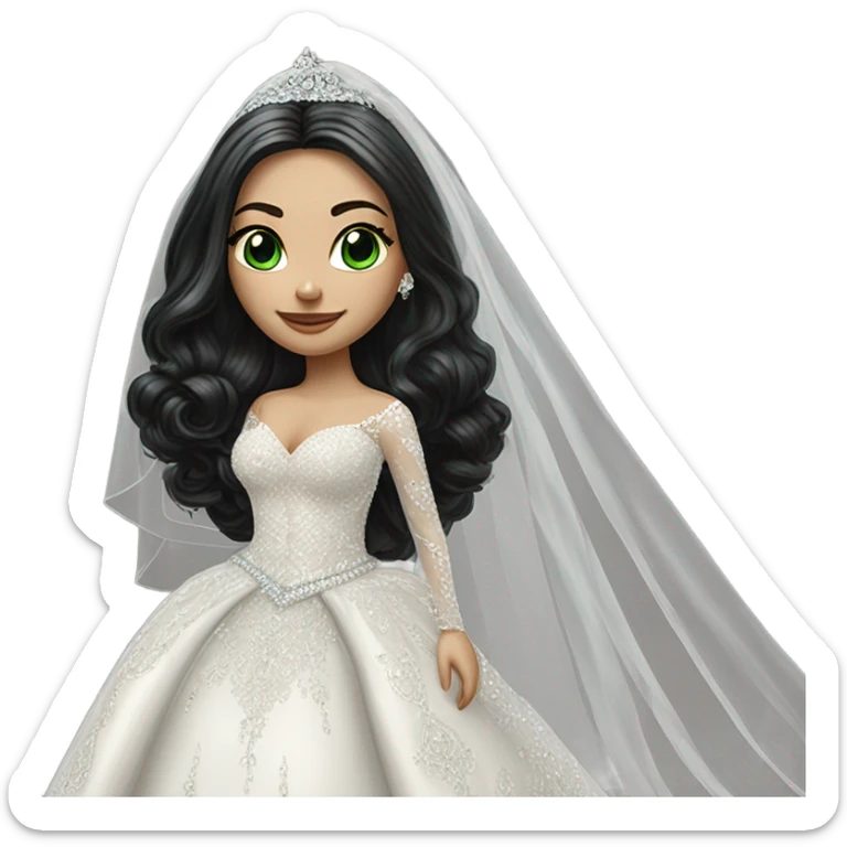 Hyper Realistic ornate ballgown long sleeve Wedding dress with diamanté on Russian bride with pale skin and green eyes and long black hair with veil and diamond jewelry hyper realistic  sticker