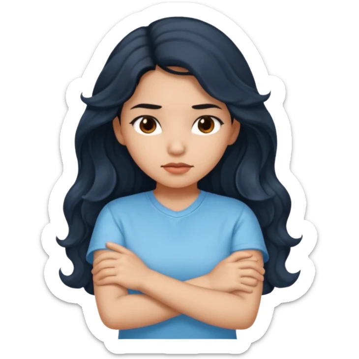 Hispanic girl dark long wavy hair crossing her arms with slight pout sticker