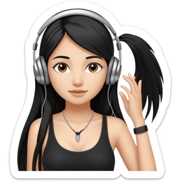 a fair indian girl with straight black long hair, wearing a black cami top. and wearing silver  headphones on sticker
