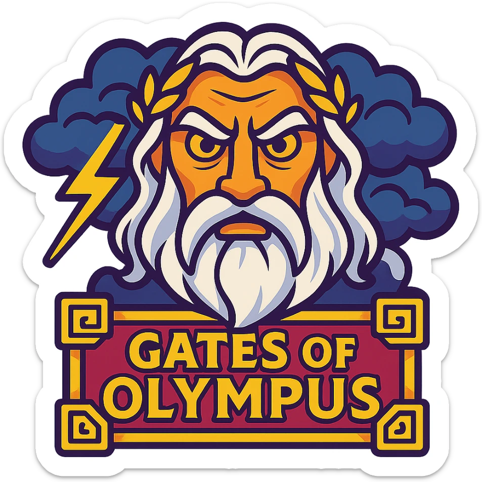 Gates of Olympus slot emoji with a dramatic Zeus face, thunderclouds, and ornate gold details sticker