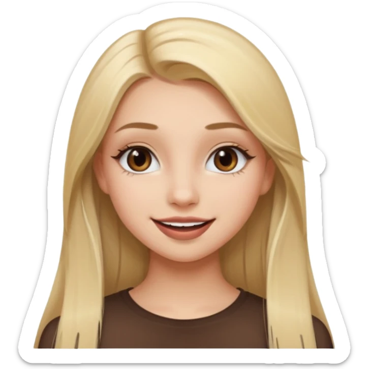 una chica con pose divertida de 18 años con los labios con pintalabios nude y los ojos maquillados, de piel blanca con el pelo liso, largo y rubio, ojos marrones sticker