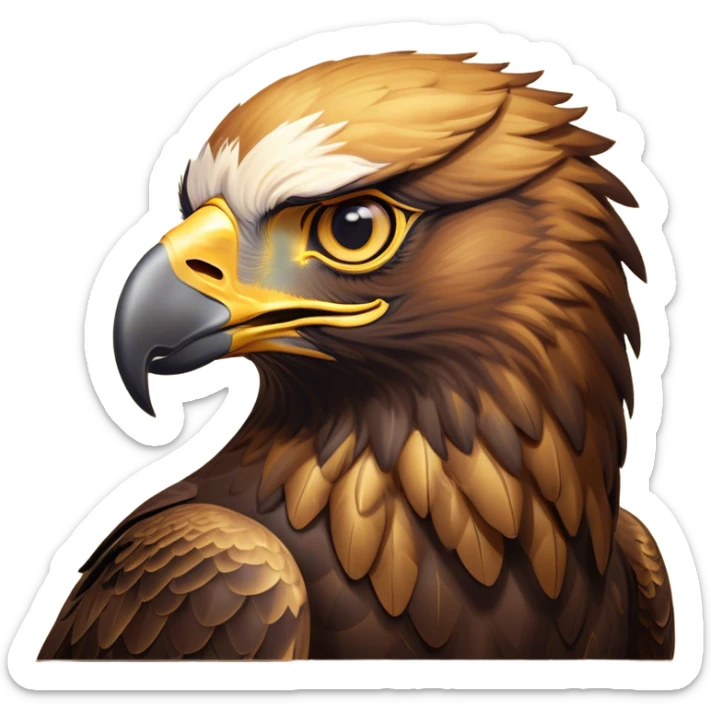 Cinematic Noble Golden Eagle Portrait Emoji, Poised and majestic, with a powerful, broad build, regal hooked beak, and piercing, intense eyes set against richly golden-brown plumage, Simplified yet sharp and sophisticated features, highly detailed, glowing with a soft, amber radiance, high shine, intelligent and commanding, stylized with an air of aerial supremacy, focused and determined, soft glowing outline, capturing the essence of a watchful and confident golden eagle that appears ready to soar out of the screen with effortless authority! sticker