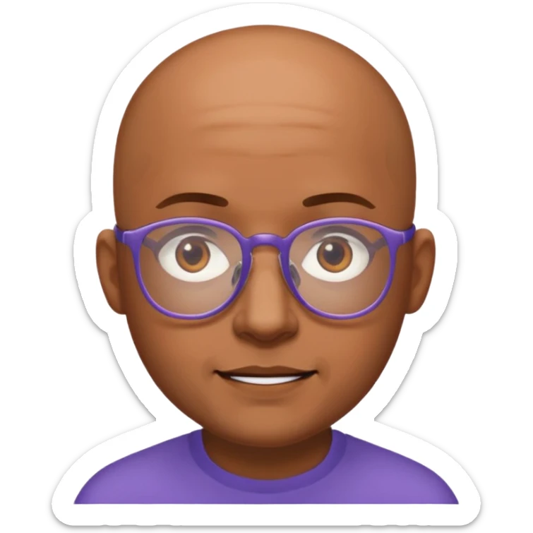 expressive Twitch emote of a cartoon-style character in an emoji-like art style. Bright colors, outlined, transparent background. Use the following face: male person in their early 30s, brown skin, bald, with glasses and a gentle face. sticker