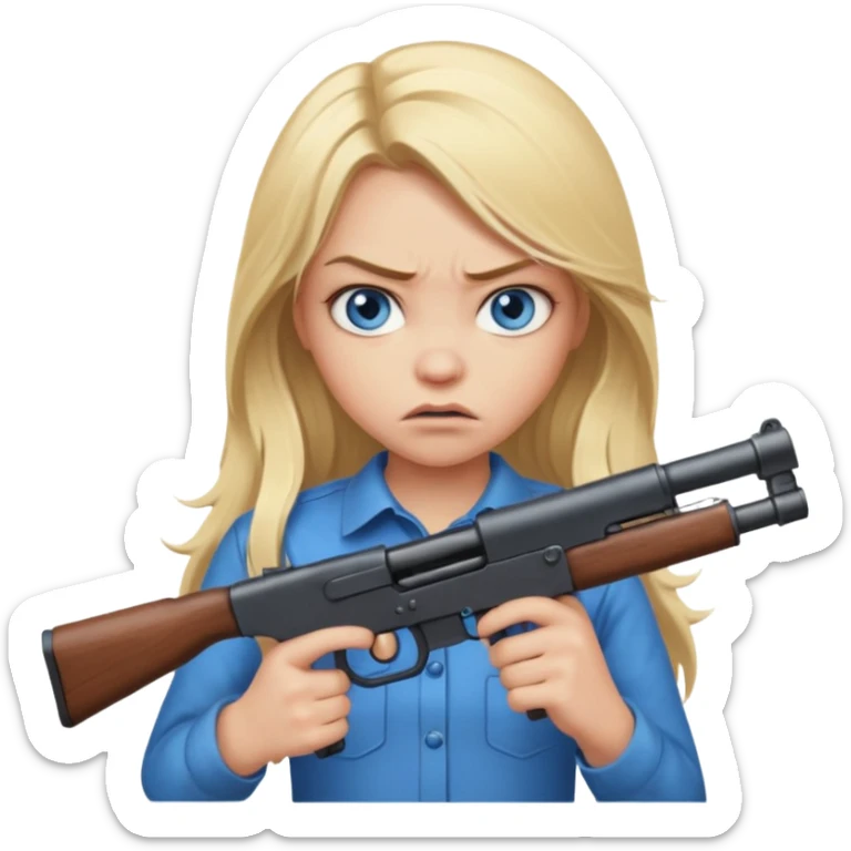 Beautiful  blue eye blonde Long Hair Gangsta girl Looks angry  with a big gun sticker