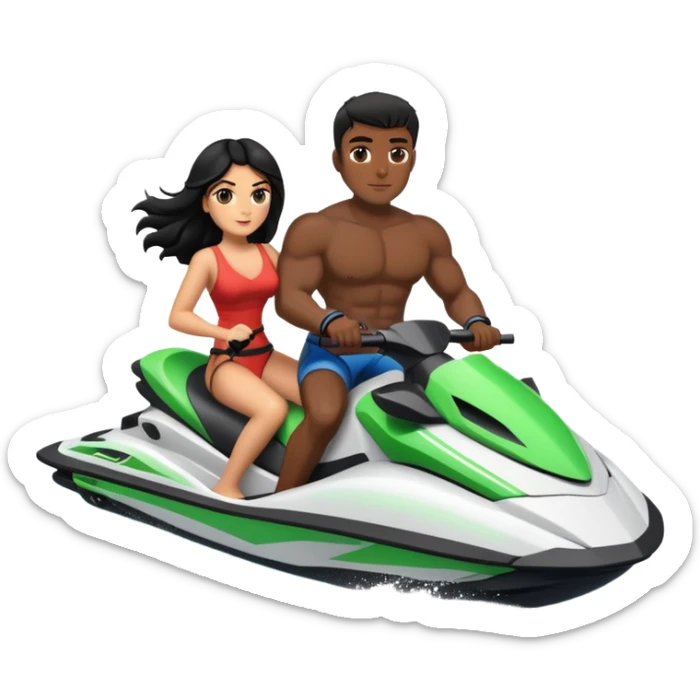 Black muscular man in back of jet ski holding on to Italian girl with black hair driving the jet ski. The GIRL IS DRIVING sticker