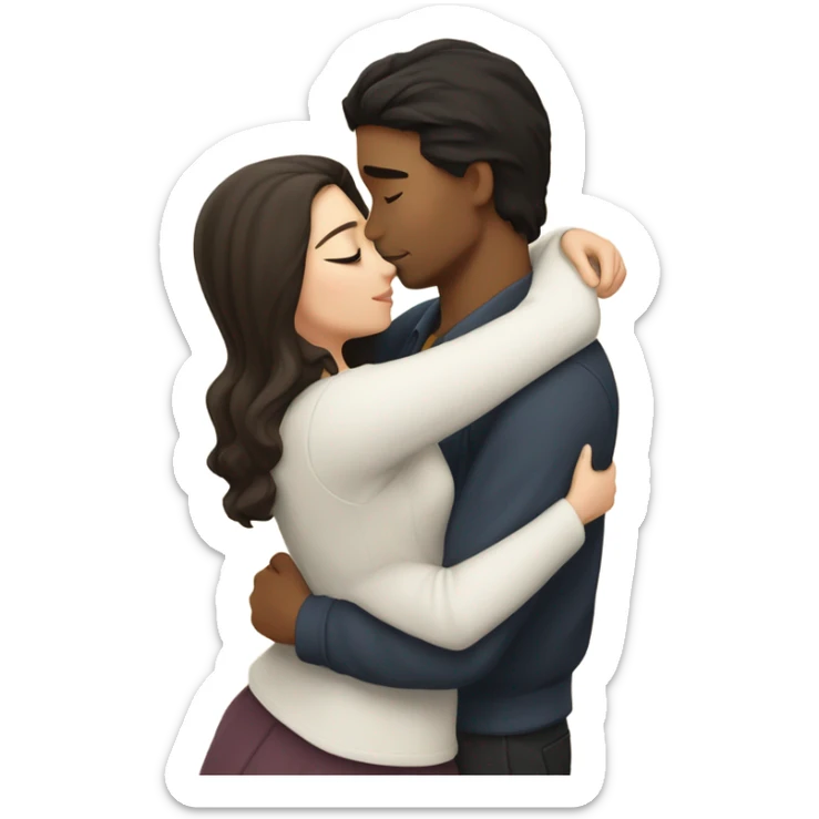 A pale half Asian man with short dark hair and amber eyes embracing and loving a white woman with long wavy brunette hair and dark hazel eyes. They love each other a lot And have good fashion taste and are hugging each other tight  sticker