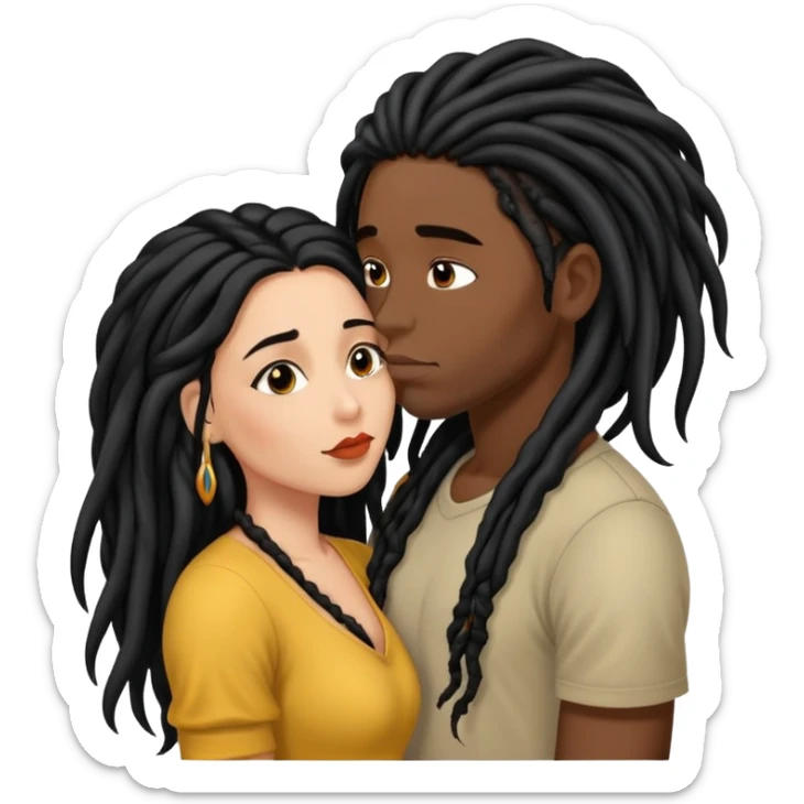 Latina Woman with long hair kissing a young black guy with dreads no beard sticker