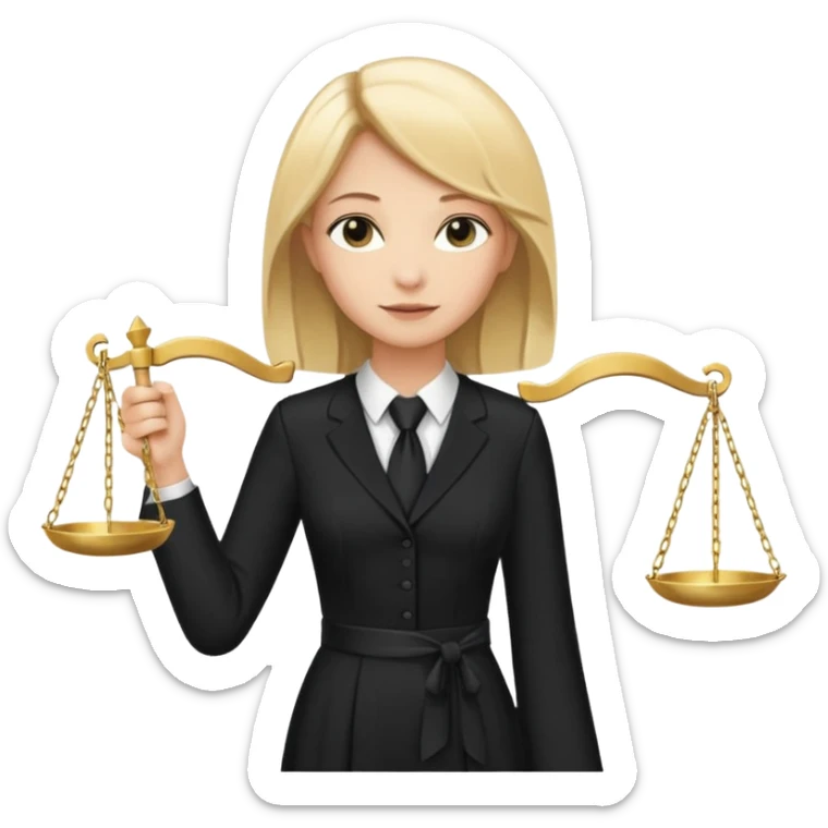 woman lawyer blanche et blonde avec des cheveux mi-long; elle est habillée avec une longue robe noire et une cravate blanche; elle est victorieuse en portant la balance de la justice sticker
