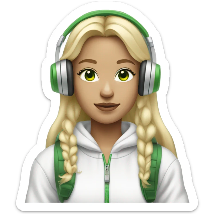 blonde girl wearing white headphones with green eyes and grey tracksuit and white airforces sticker