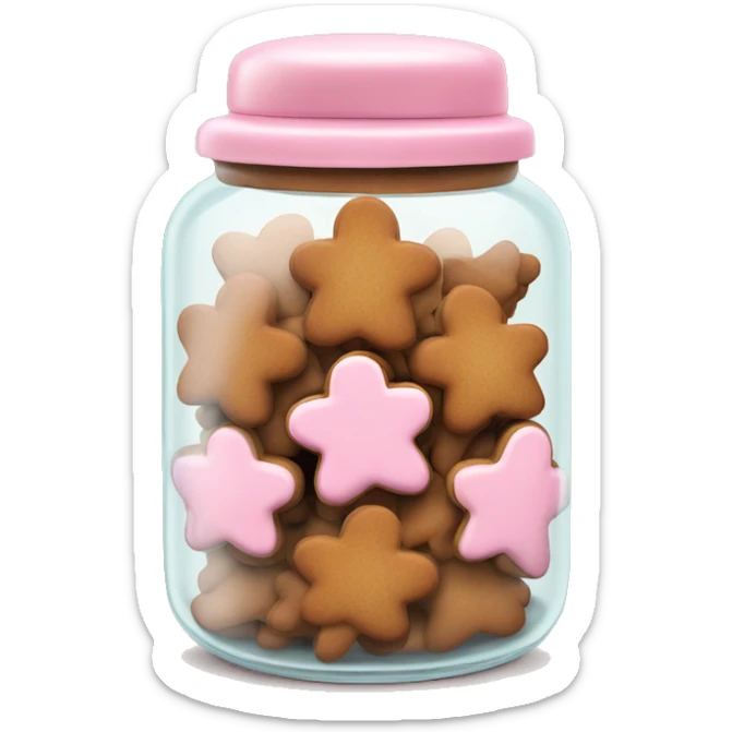 Realistic glass cookie jar with light pink lid full of gingerbread cookies isolated.  sticker