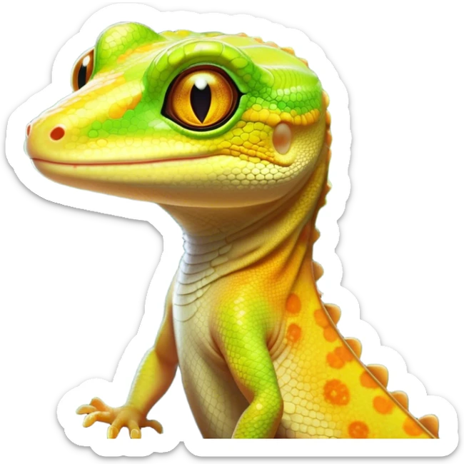 Cinematic Noble Gecko Portrait Emoji, Poised and sleek, with a compact, agile body adorned with textured, mottled scales and luminous, alert eyes accentuated by delicate toe pads and subtle patterning, Simplified yet sharp and sophisticated features, highly detailed, glowing with a soft, ambient jungle glow, high shine, intelligent and vigilant, stylized with an air of exotic elegance, focused and precise, soft glowing outline, capturing the essence of a watchful reptilian guardian that seems ready to scamper out of the screen with effortless agility! sticker