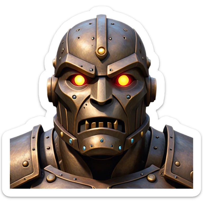 Cinematic Noble Mighty Iron Golem Portrait Emoji Poised and imposing, with a towering, metallic form forged from intricately detailed plates of burnished steel and ancient bronze, etched with faint traces of runes and weathered marks of time. Its piercing, glowing eyes radiate unwavering resolve, casting a solemn and commanding presence; rendered with lifelike texture and natural metallic highlights, high shine, elegant yet indomitable, styled with an aura of legendary endurance, focused and resolute, soft glowing outline, capturing the essence of an eternal guardian, standing vigilant and immovable as if ready to awaken at any moment with unstoppable might! sticker