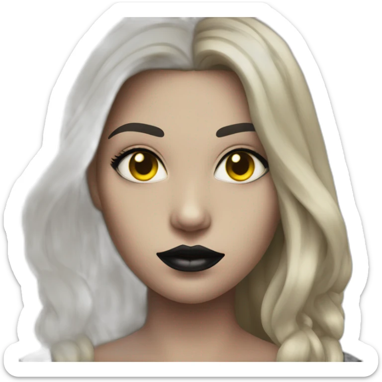  similar to human with red skin, black long hair, yellow eyes (black white of the eye), in black lather dress, black lips sticker