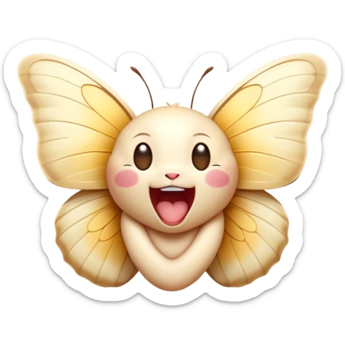 Cinematic Adorable Yawning Butterfly Portrait Emoji, Head tilted slightly with a dramatic, wide-open yawn, showcasing a delicate, softly fluttering body with gently drooping wings and sleepy, half-closed eyes, Simplified yet irresistibly cute features, highly detailed, glowing with a soft, cozy luminescence, high shine, relaxed yet expressive, stylized with a dash of whimsical floral charm, soft glowing outline, capturing the essence of a drowsy butterfly that appears ready to rest its wings for a nap! sticker