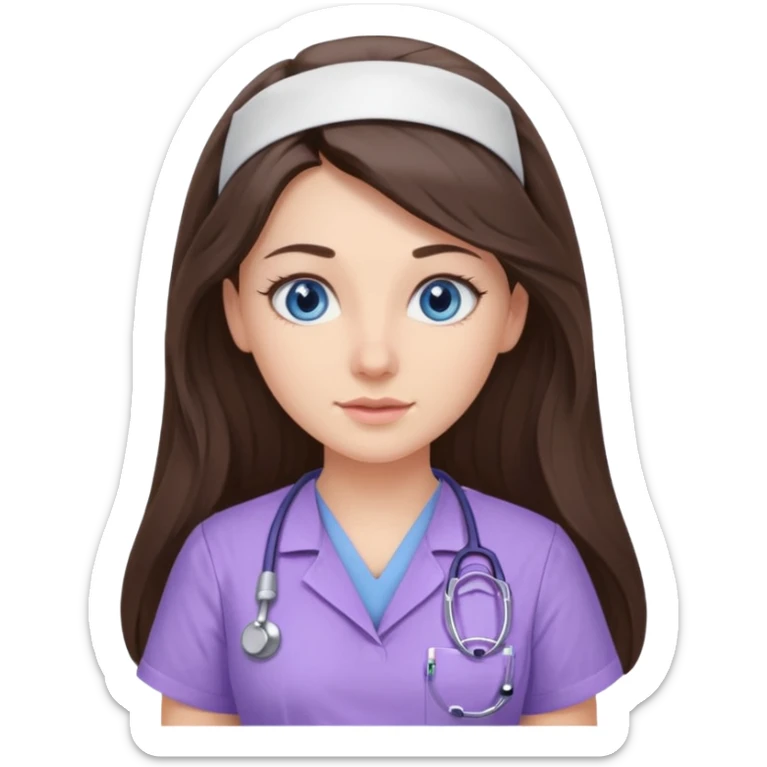 pretty brunette nurse with long hair and blue eyes in lilac scrubs sticker