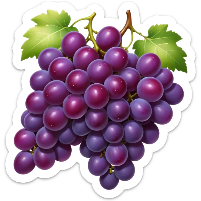 Cinematic glossy purple grapes, plump and dewy, gathered in a beautiful cluster, deep rich hues, ultra-detailed, fresh and juicy, soft glowing light. sticker