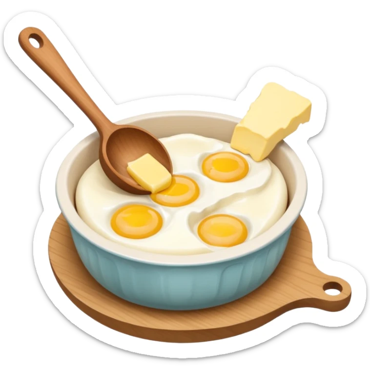 A cream ceramic baking bowl with a wooden spoon in it, a carton of eggs and butter sticker