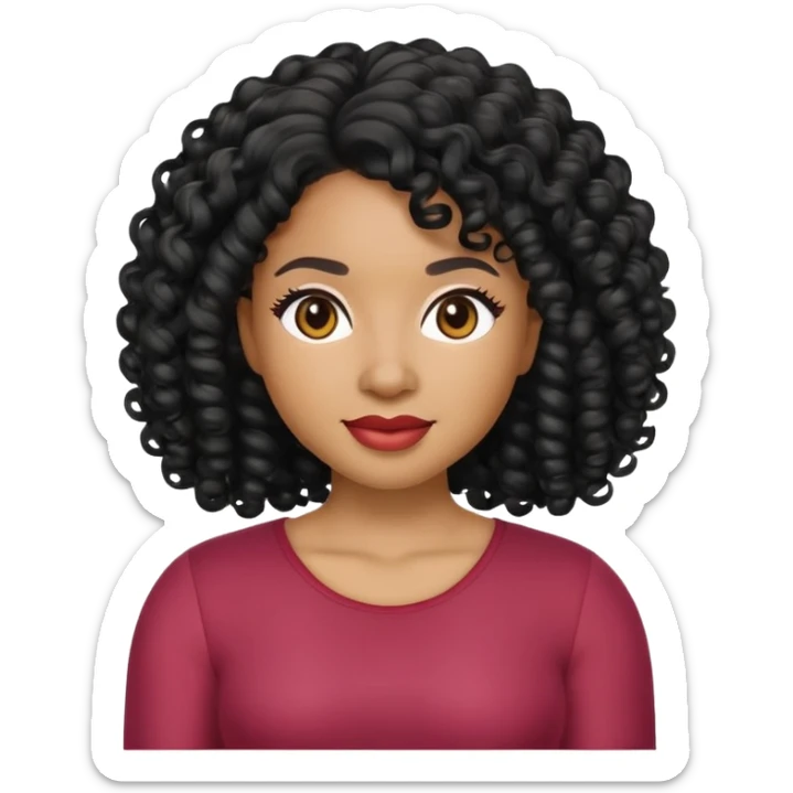 Memoji-style emoji of a Black woman with light skin and black curly hair, friendly expression, simple background, Apple emoji style sticker